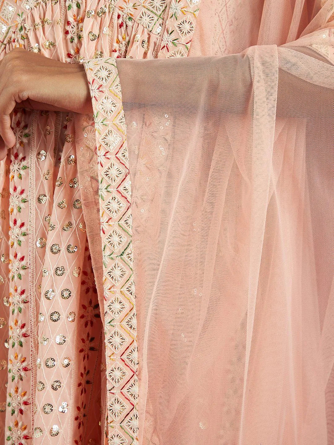 Libas Art Peach Embroidered Georgette A-Line Kurta With Palazzos & Dupatta - Libas 