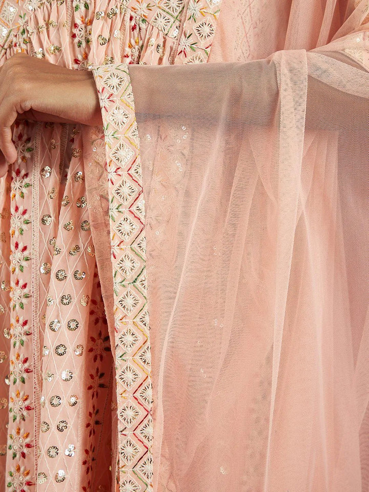 Libas Art Peach Embroidered Georgette A-Line Kurta With Palazzos & Dupatta - Libas