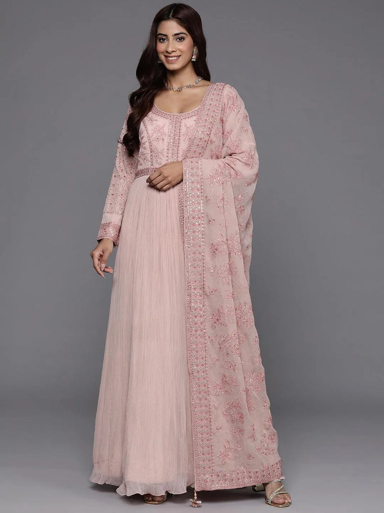 Libas Art Peach Embroidered Georgette Anarkali Suit With Dupatta