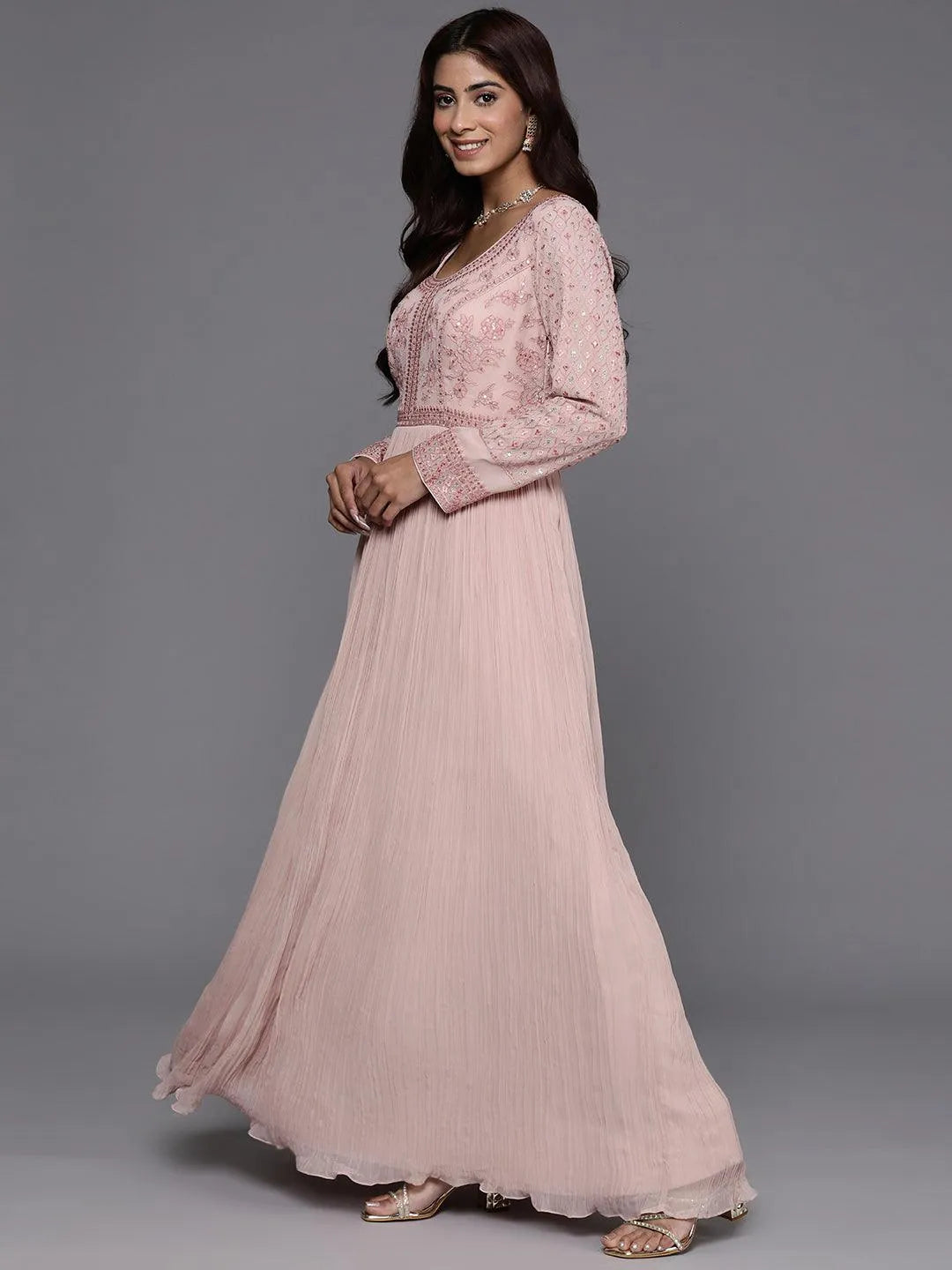 Libas Art Peach Embroidered Georgette Anarkali Kurta With Trousers & Dupatta - Libas 