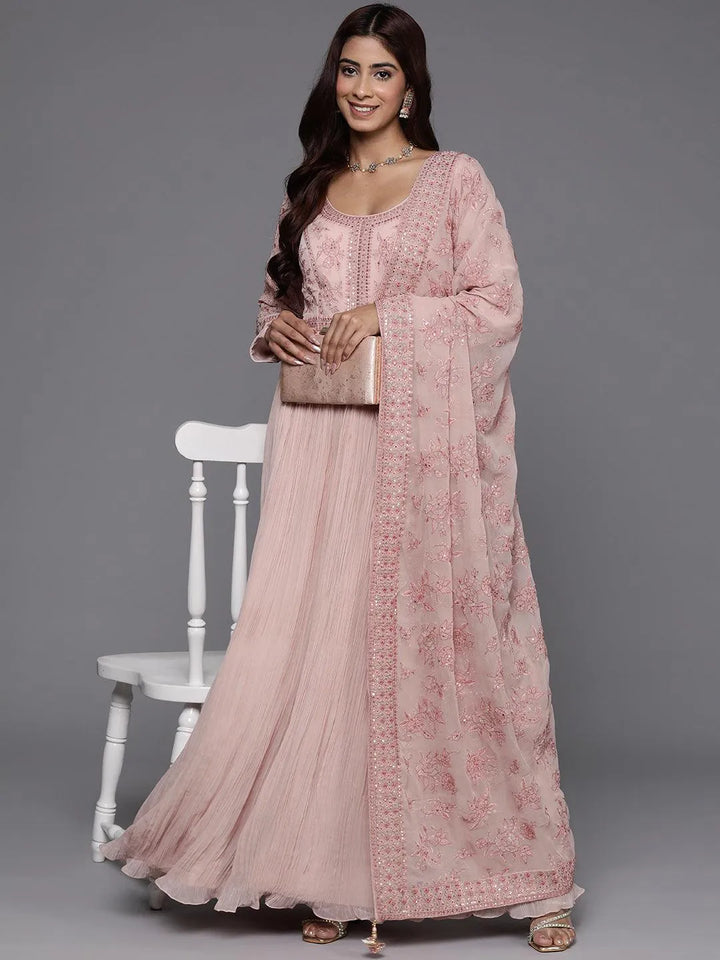 Libas Art Peach Embroidered Georgette Anarkali Kurta With Trousers & Dupatta - Libas