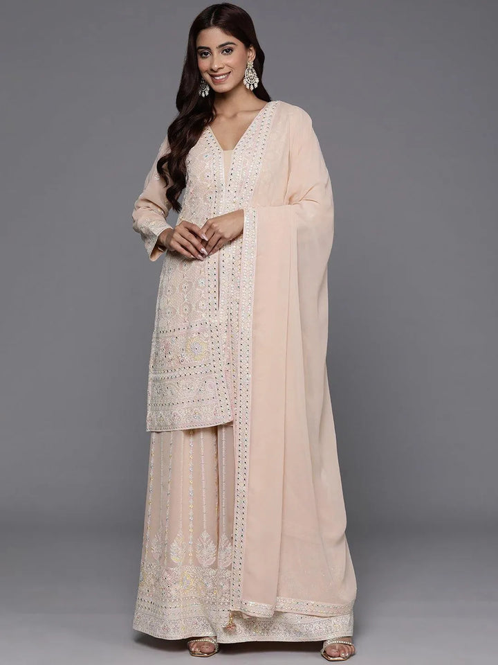 Libas Art Peach Embroidered Georgette Straight Kurta With Palazzos & Dupatta - Libas