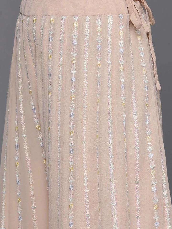 Libas Art Peach Embroidered Georgette Straight Kurta With Palazzos & Dupatta - Libas