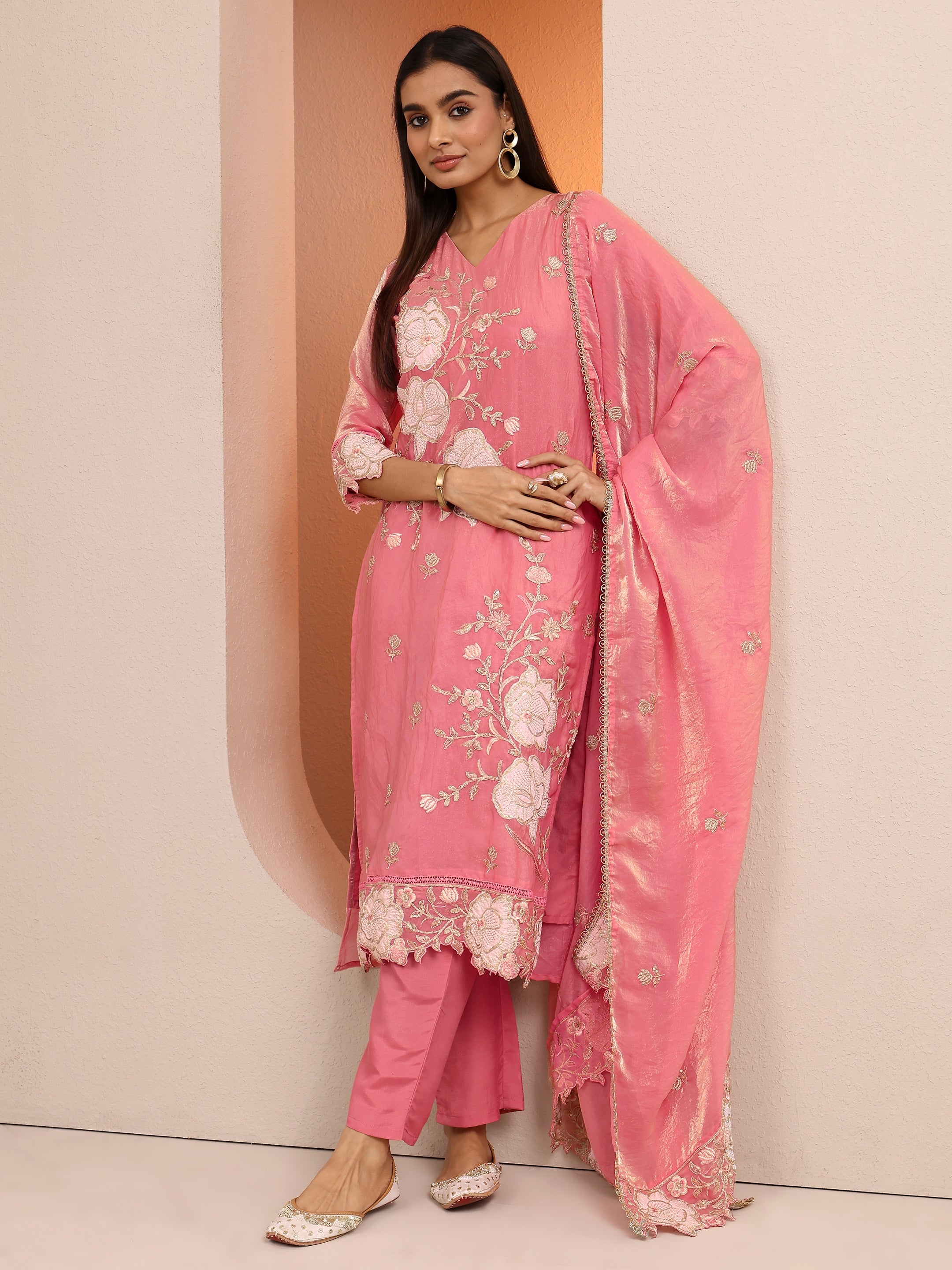 Peach Embroidered Organza Anarkali Suit Set With Dupatta-image-43