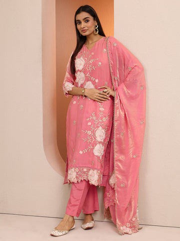 Peach Embroidered Organza Anarkali Suit Set With Dupatta