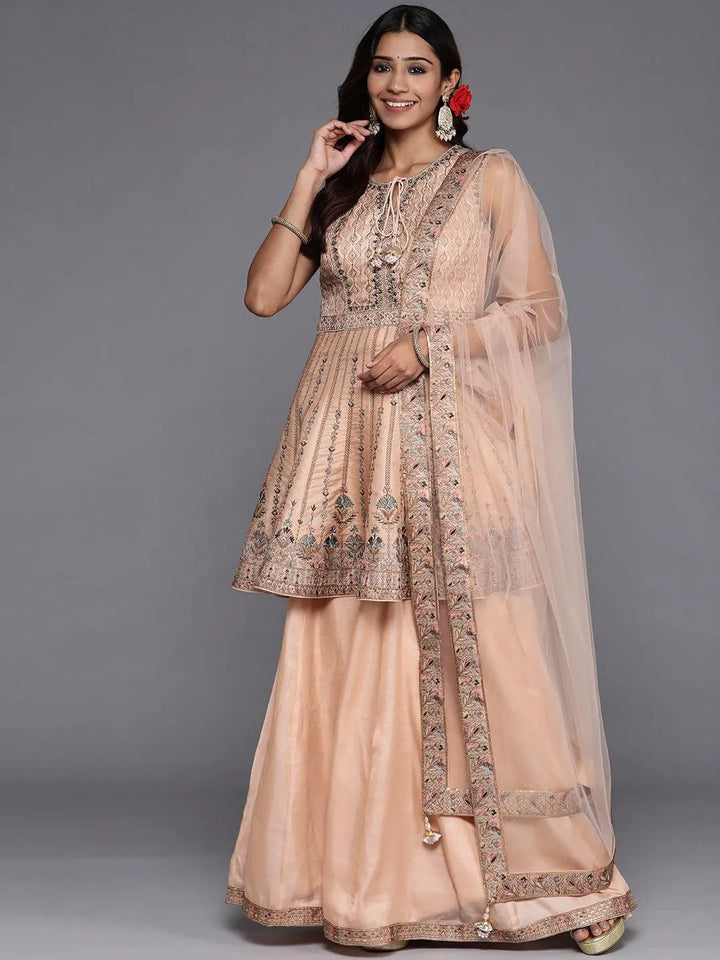 Libas Art Peach Embroidered Silk Anarkali Suit Set - Libas