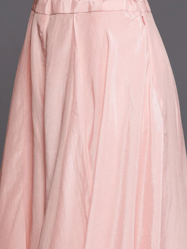 Libas Art Peach Embroidered Silk Blend A-Line Kurta With Palazzos & Dupatta - Libas