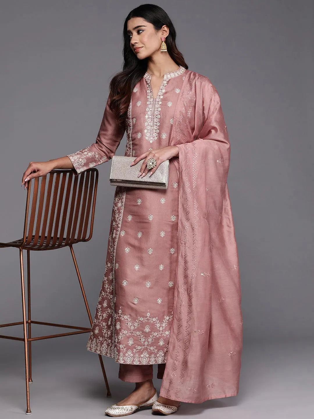 Libas Art Peach Embroidered Silk Blend A-Line Kurta With Trousers & Dupatta - Libas