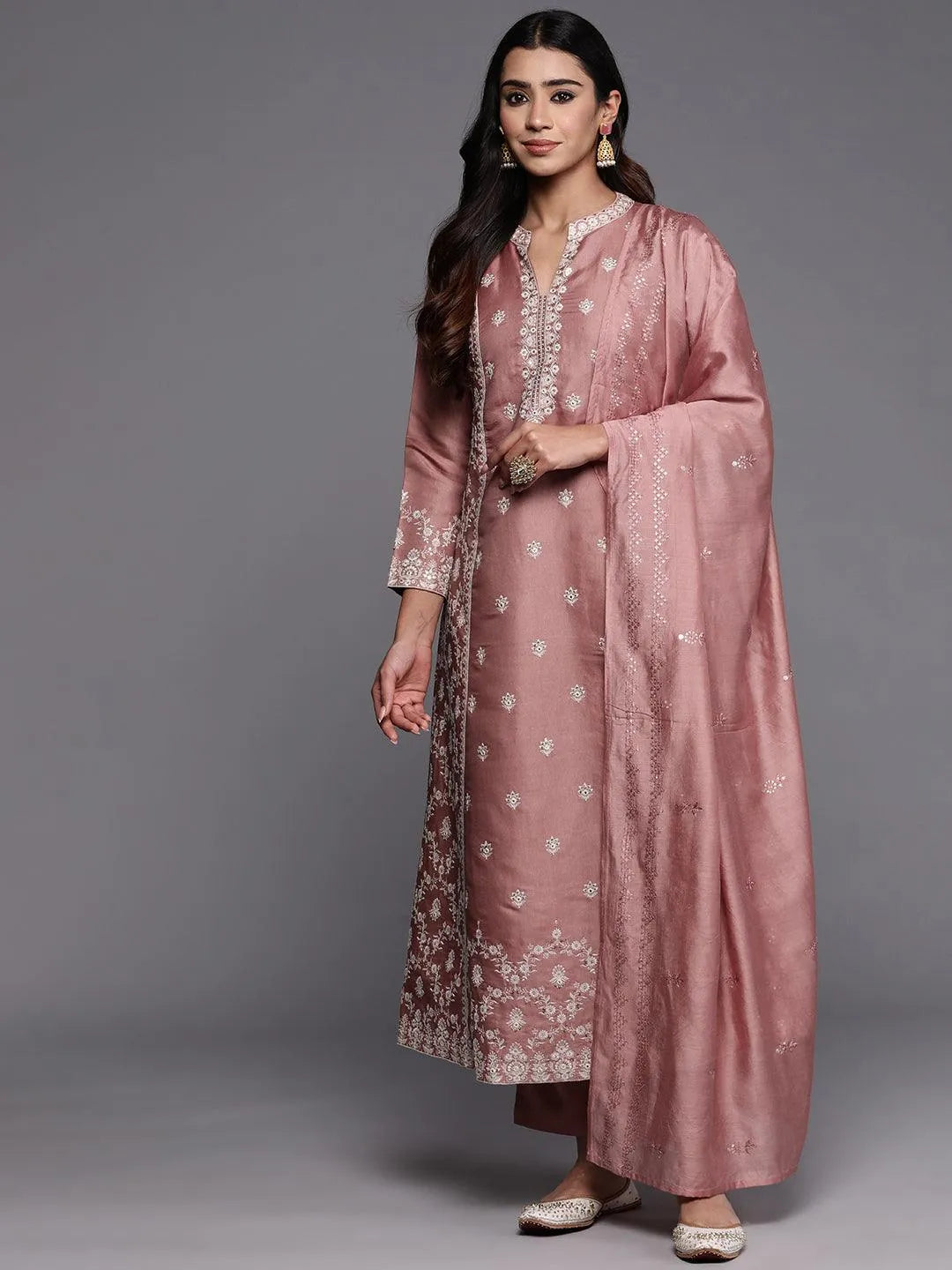 Libas Art Peach Embroidered Silk Blend A-Line Kurta With Trousers & Dupatta - Libas 