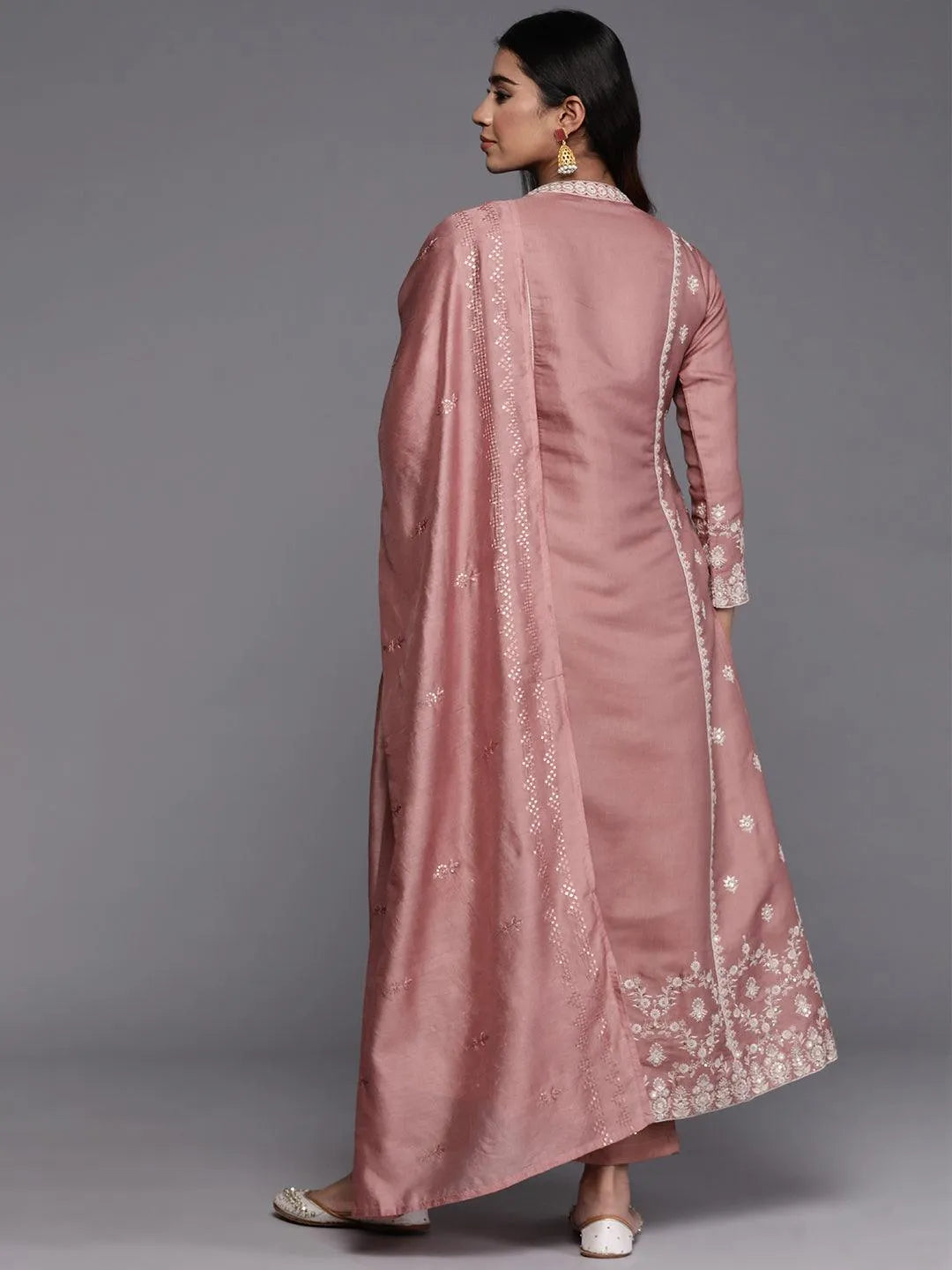 Libas Art Peach Embroidered Silk Blend A-Line Kurta With Trousers & Dupatta - Libas