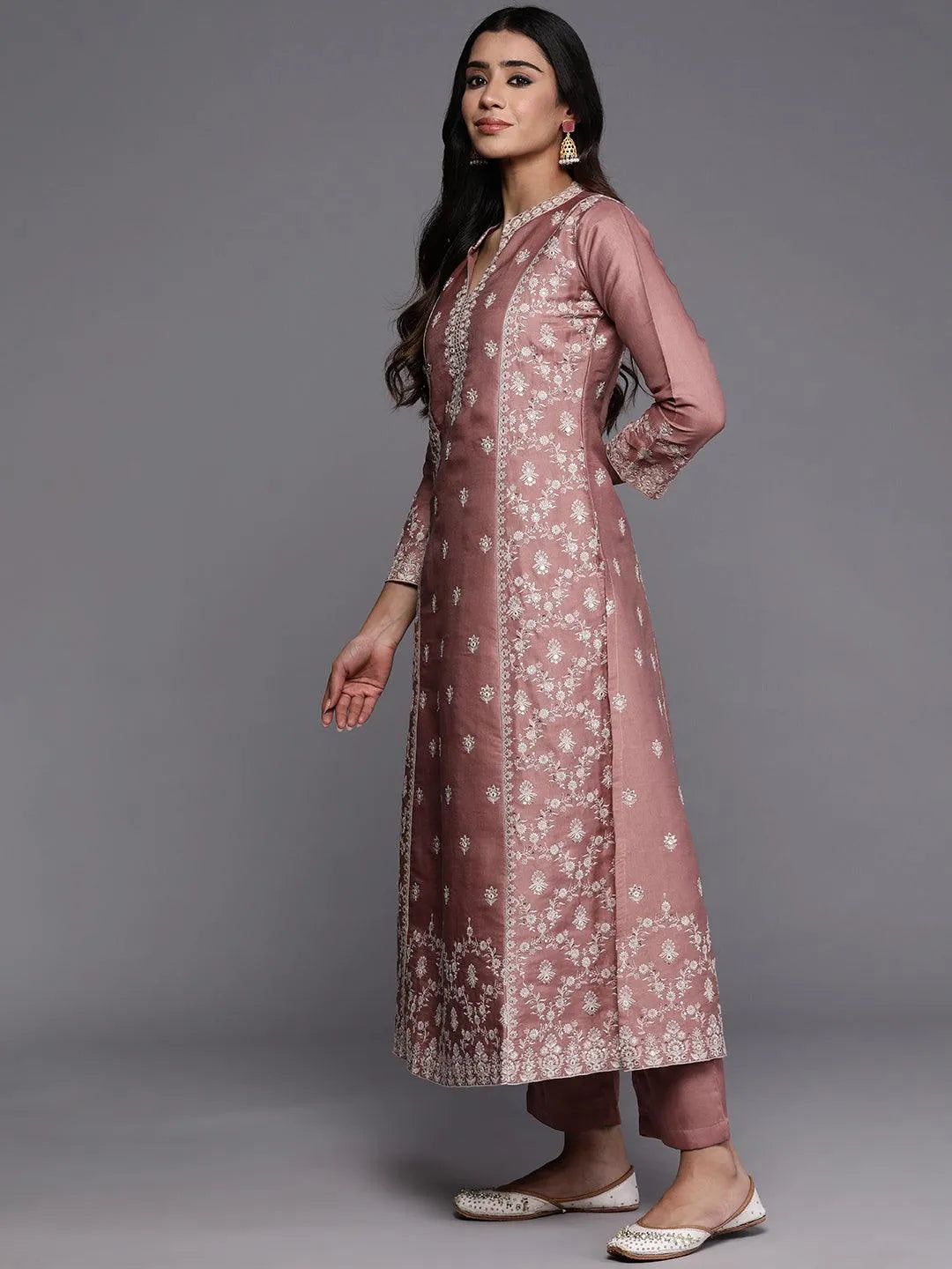 Libas Art Peach Embroidered Silk Blend A-Line Kurta With Trousers & Dupatta - Libas 