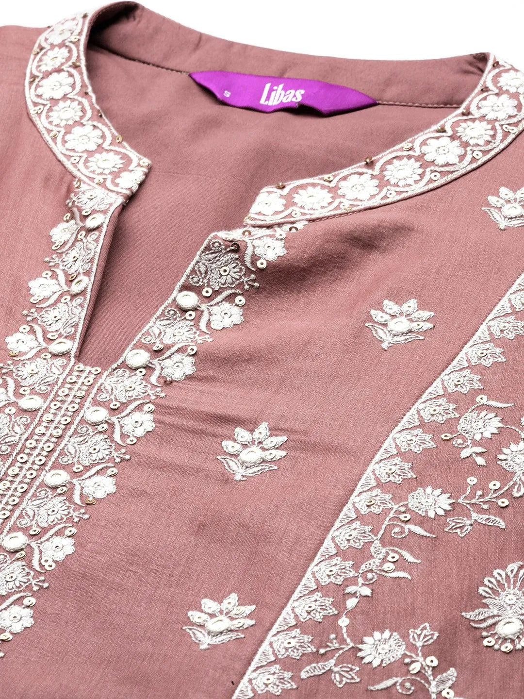 Libas Art Peach Embroidered Silk Blend A-Line Kurta With Trousers & Dupatta - Libas 