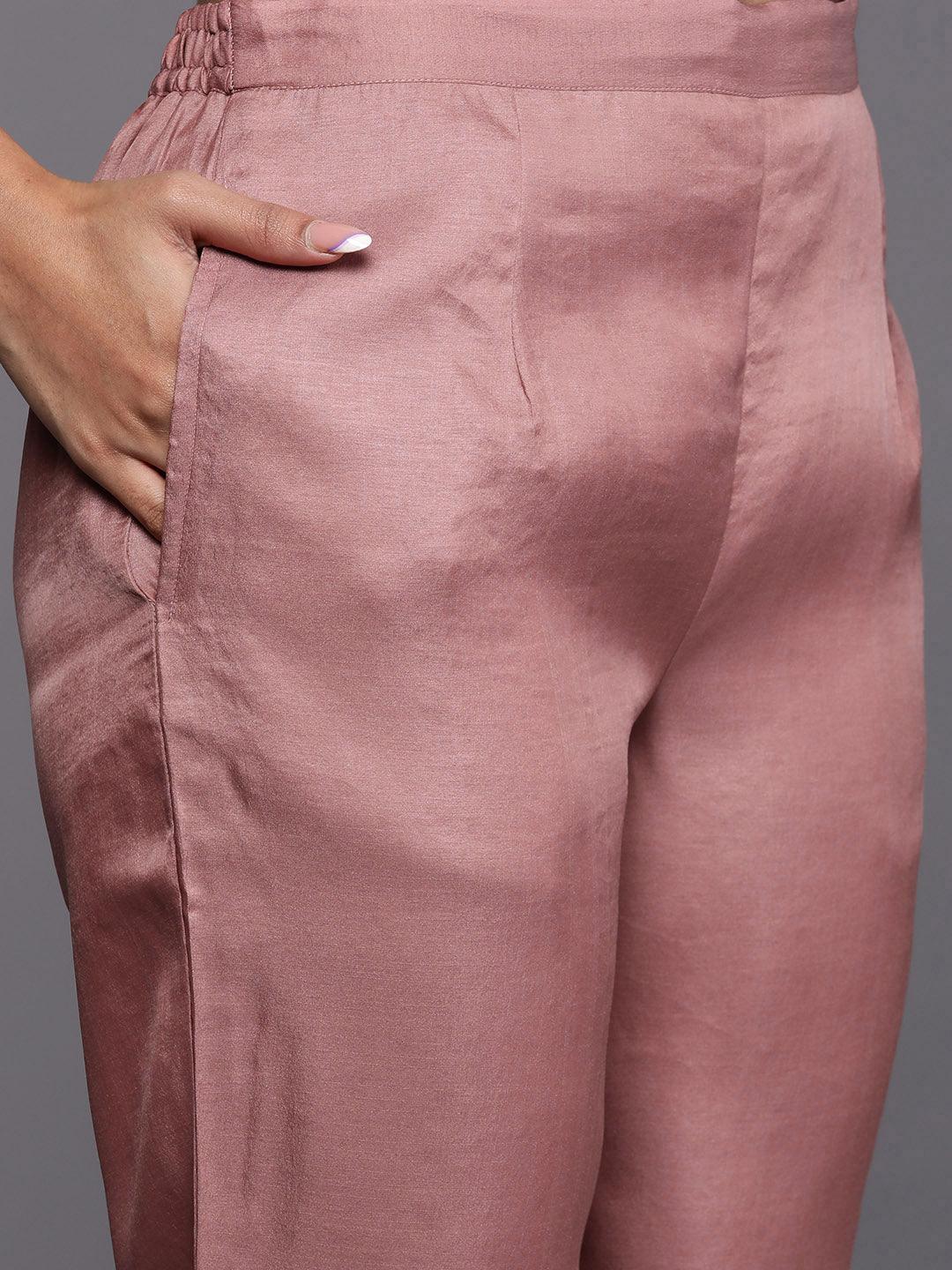 Libas Art Peach Embroidered Silk Blend A-Line Kurta With Trousers & Dupatta - Libas