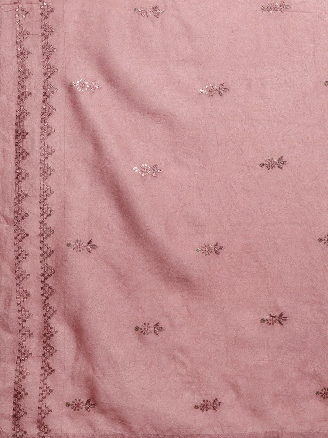 Libas Art Peach Embroidered Silk Blend A-Line Kurta With Trousers & Dupatta