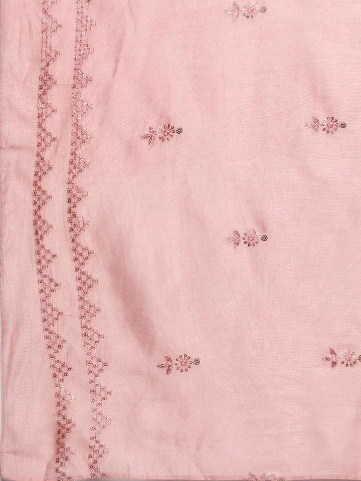 Libas Art Peach Embroidered Silk Blend A-Line Kurta With Trousers & Dupatta - Libas