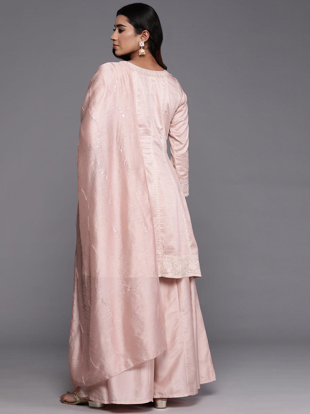 Libas Art Peach Embroidered Silk Blend Anarkali Suit With Dupatta