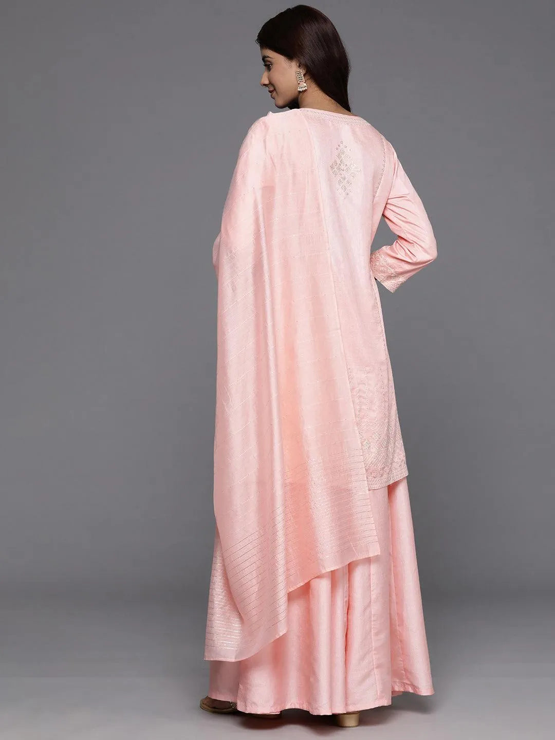 Libas Art Peach Embroidered Silk Blend Straight Kurta With Palazzos & Dupatta - Libas 