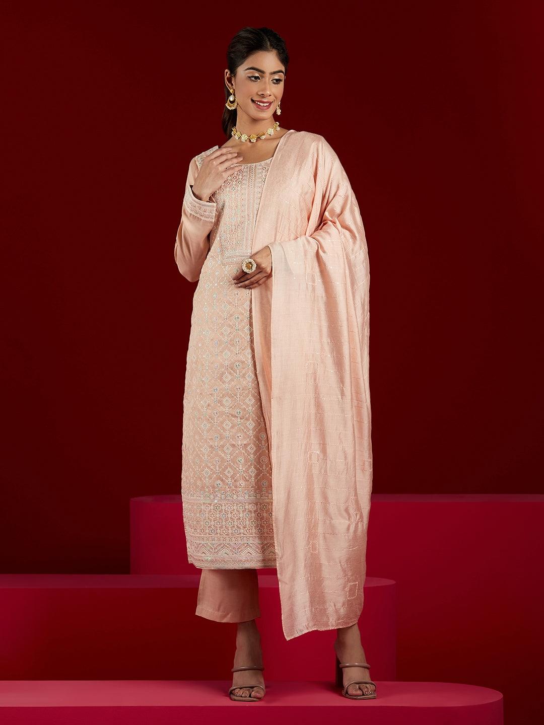 Libas Art Peach Embroidered Silk Blend Straight Suit With Dupatta