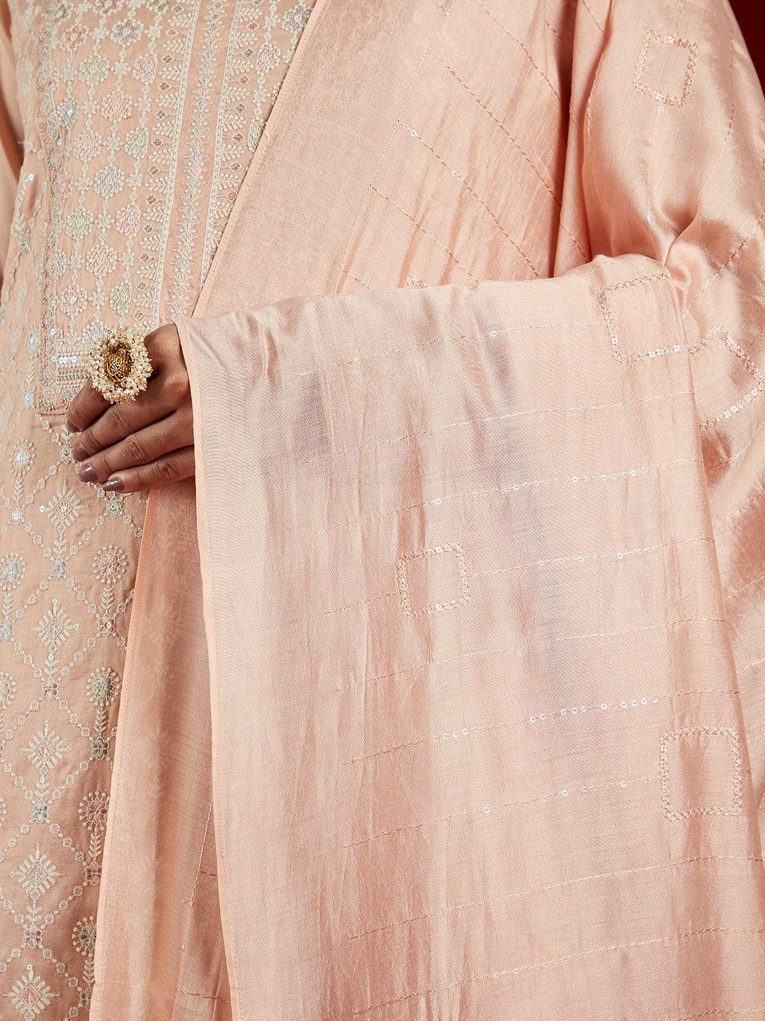 Libas Art Peach Embroidered Silk Blend Straight Suit With Dupatta