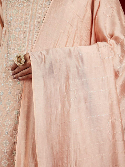 Libas Art Peach Embroidered Silk Blend Straight Kurta With Trousers & Dupatta - Libas