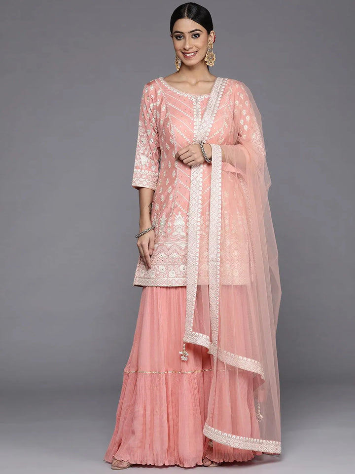 Libas Art Peach Embroidered Silk Straight Suit Set - Libas