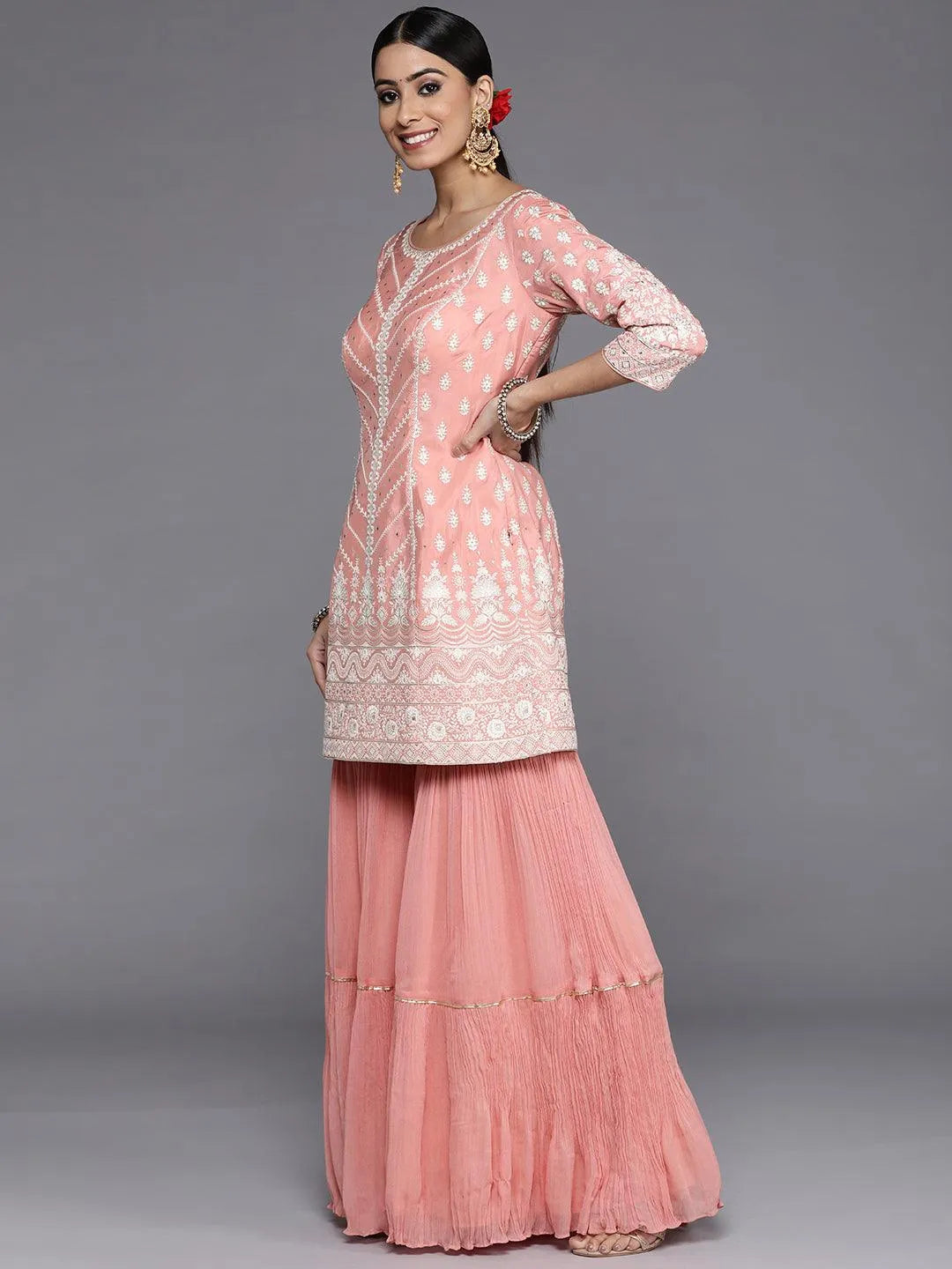 Libas Art Peach Embroidered Silk Straight Suit Set - Libas 