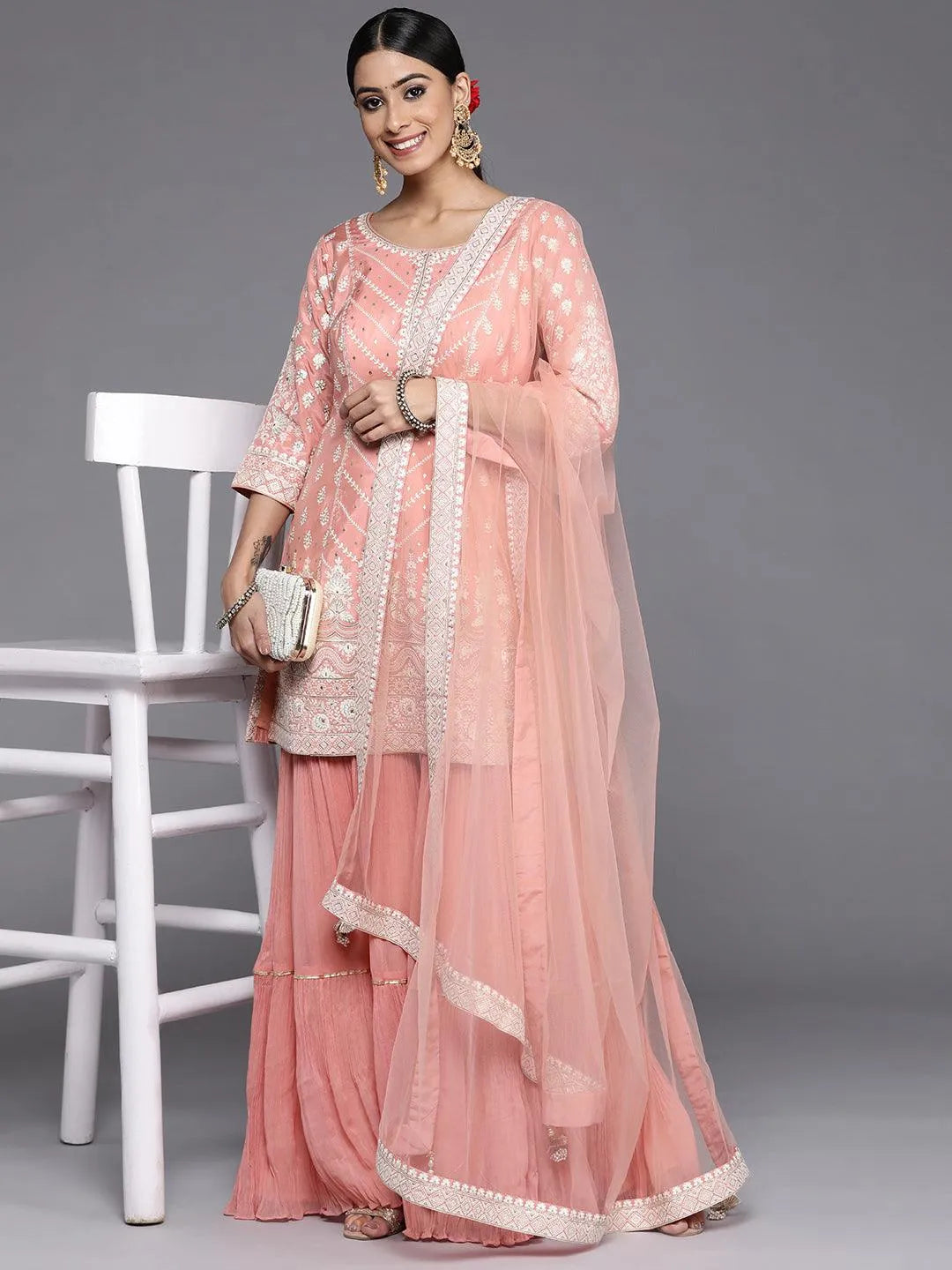 Libas Art Peach Embroidered Silk Straight Suit Set - Libas 