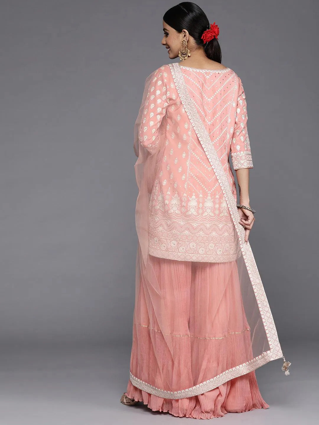 Libas Art Peach Embroidered Silk Straight Suit Set - Libas 