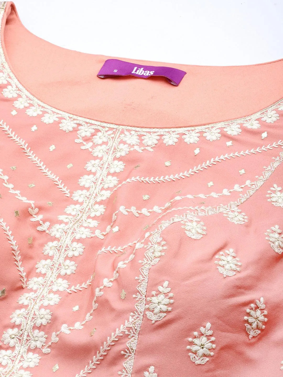 Libas Art Peach Embroidered Silk Straight Suit Set - Libas 