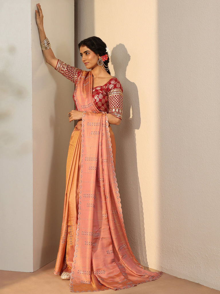 Libas Art Peach Floral Embellished Satin Saree
