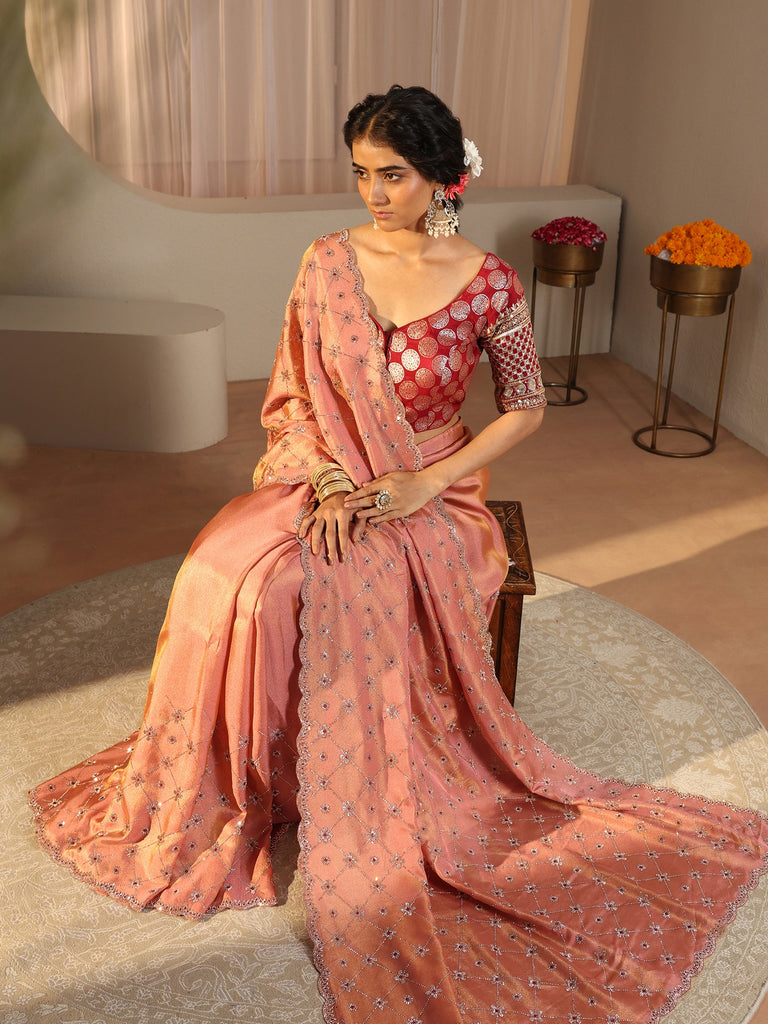 Libas Art Peach Floral Embellished Satin Saree