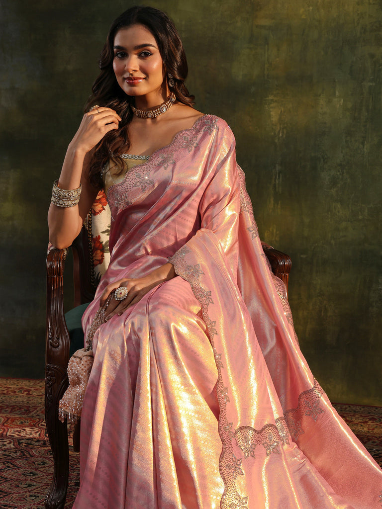 Libas Art Peach Floral Embellished Silk Blend Saree With Unstitched Blouse Piece
