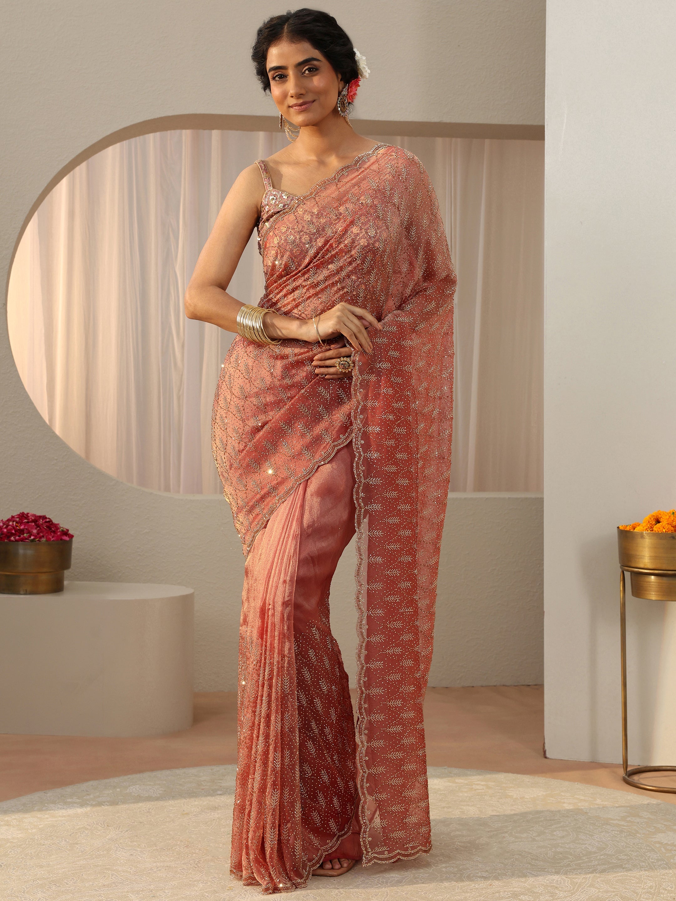 Libas Art Peach Floral Embellished Tissue Saree-picture-20
