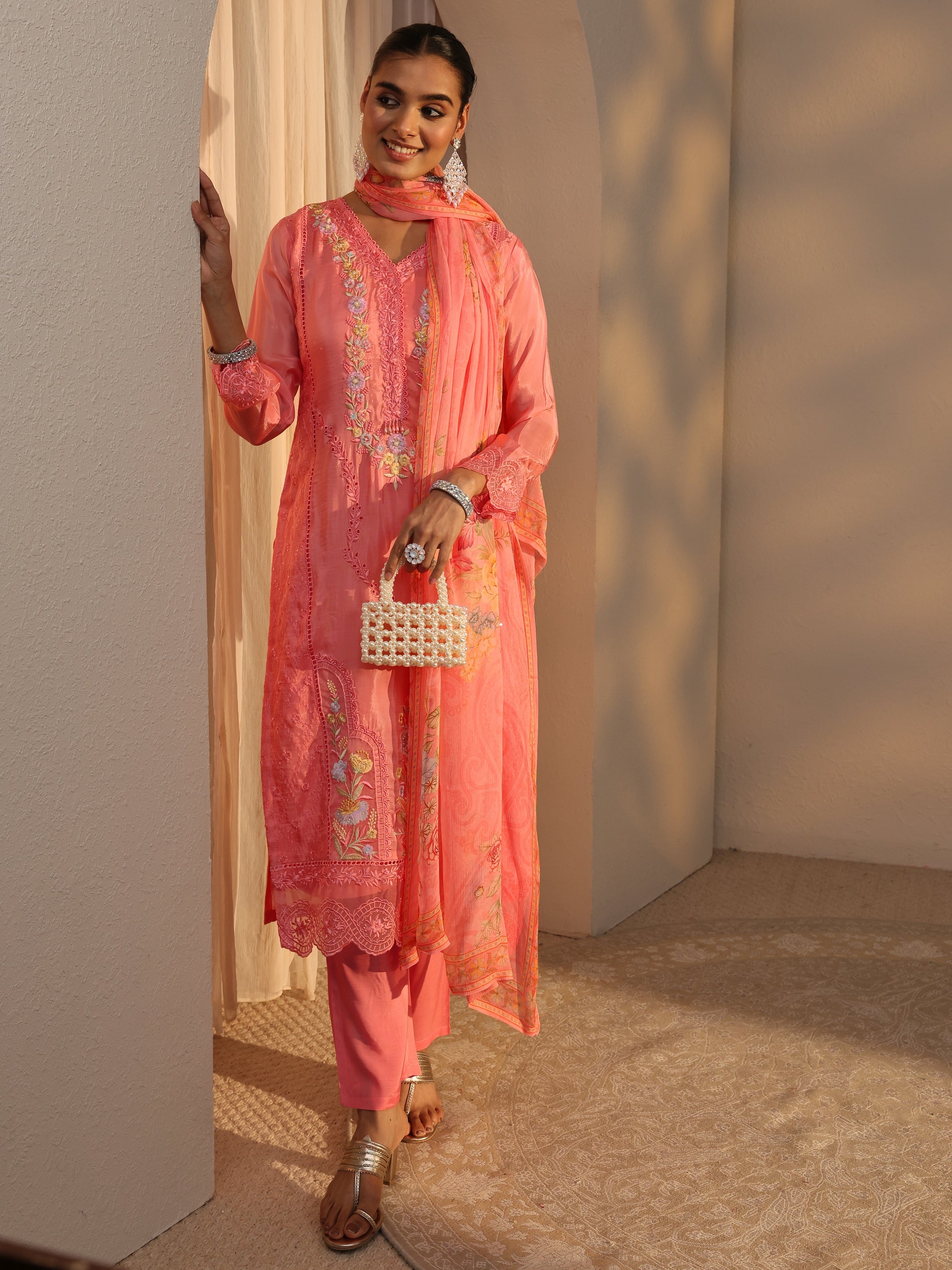 Libas Art Peach Floral Embroidered Organza Straight Suits Set With Dupatta-picture-38