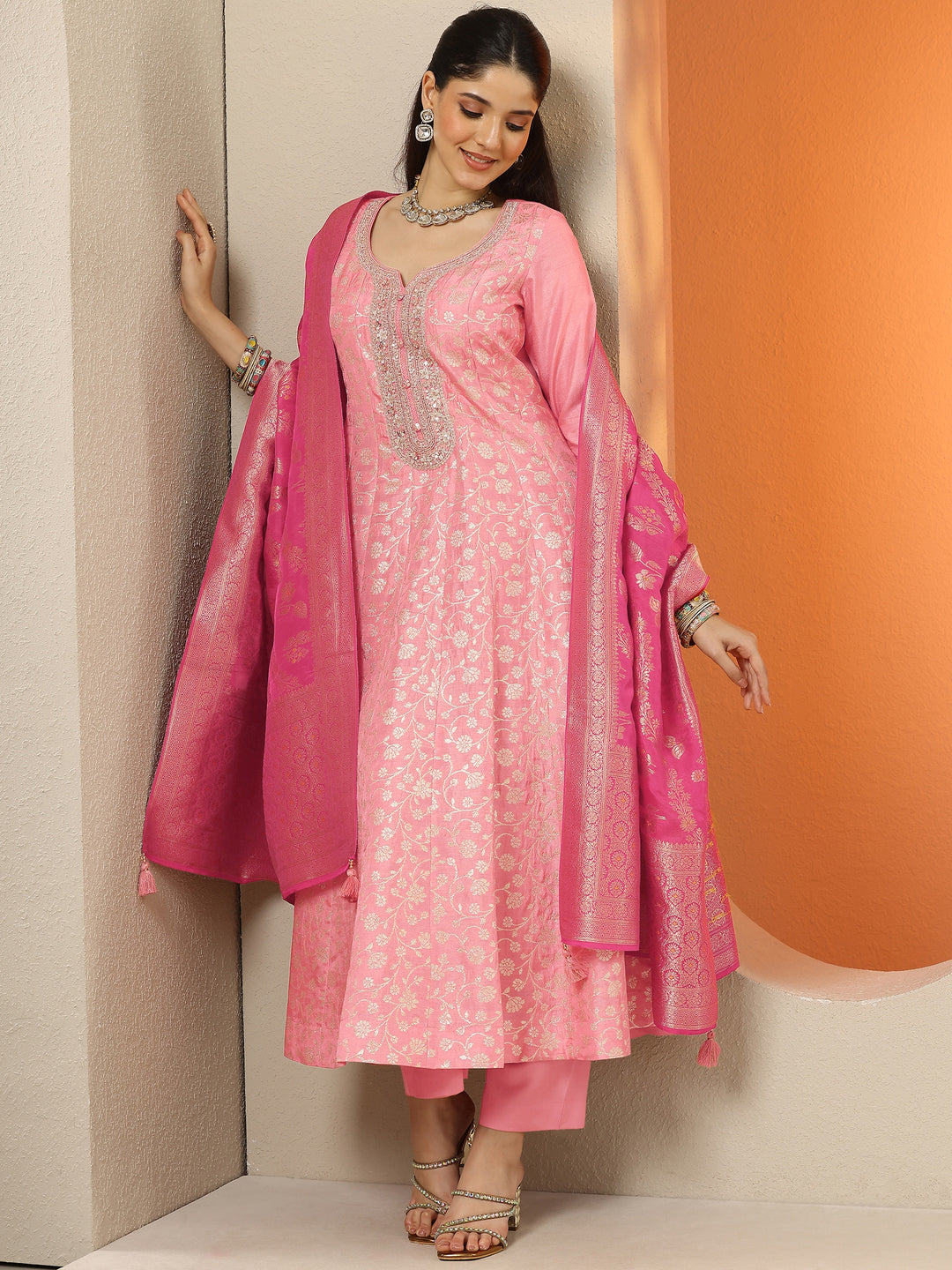 Libas Art Peach Woven Design Silk Blend Anarkali Suit Set With Dupatta