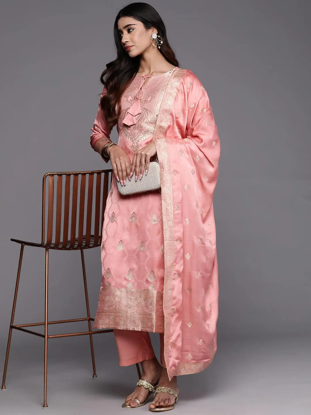 Libas Art Peach Woven Design Silk Straight Kurta With Trousers & Dupatta - Libas 