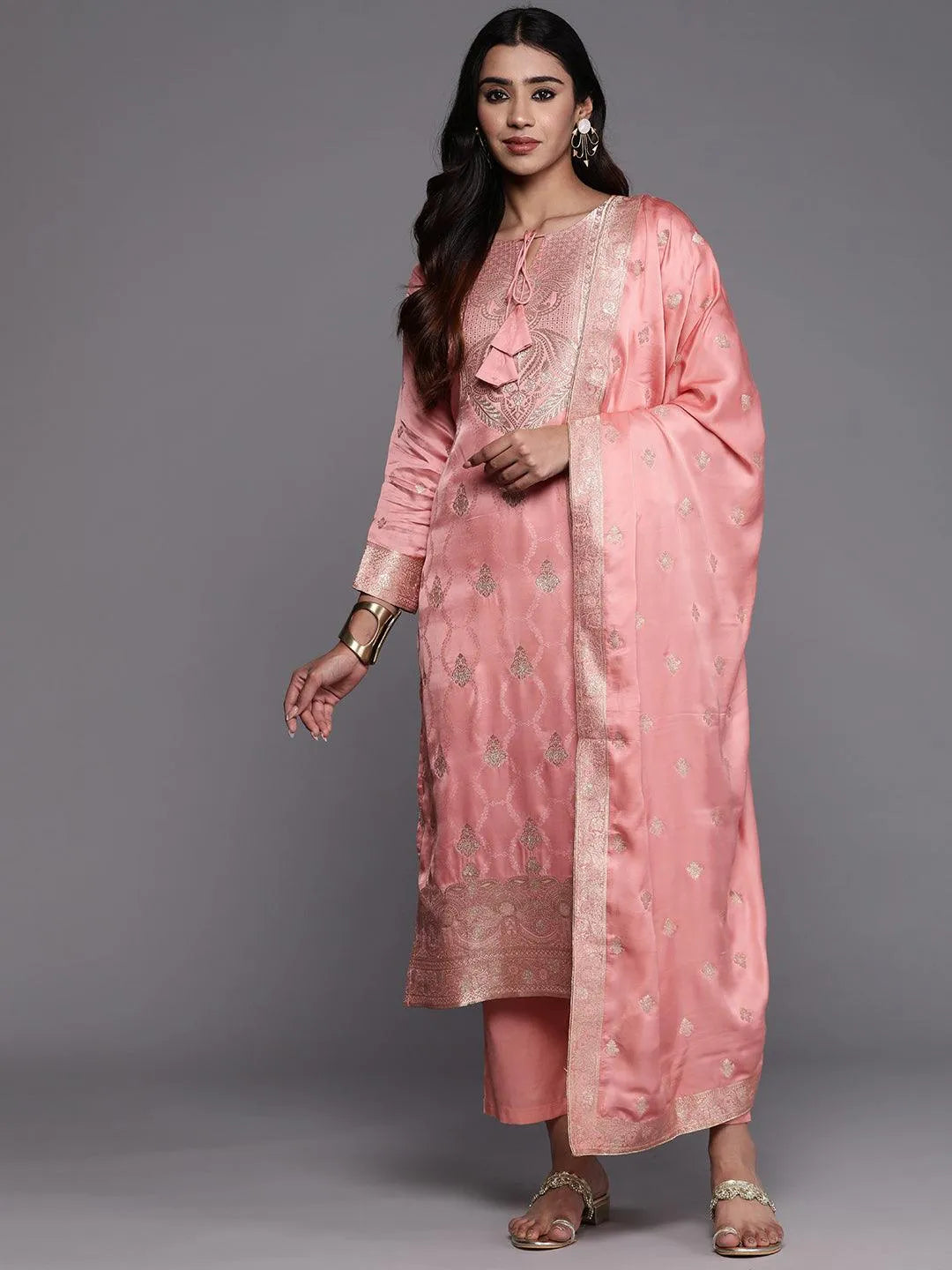 Libas Art Peach Woven Design Silk Straight Kurta With Trousers & Dupatta - Libas