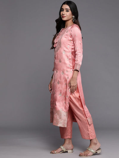 Libas Art Peach Woven Design Silk Straight Kurta With Trousers & Dupatta - Libas