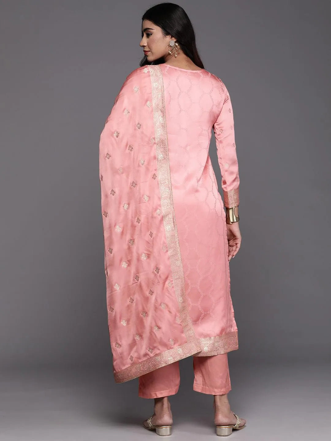 Libas Art Peach Woven Design Silk Straight Kurta With Trousers & Dupatta - Libas