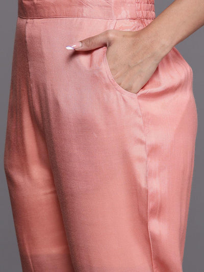 Libas Art Peach Woven Design Silk Straight Kurta With Trousers & Dupatta - Libas