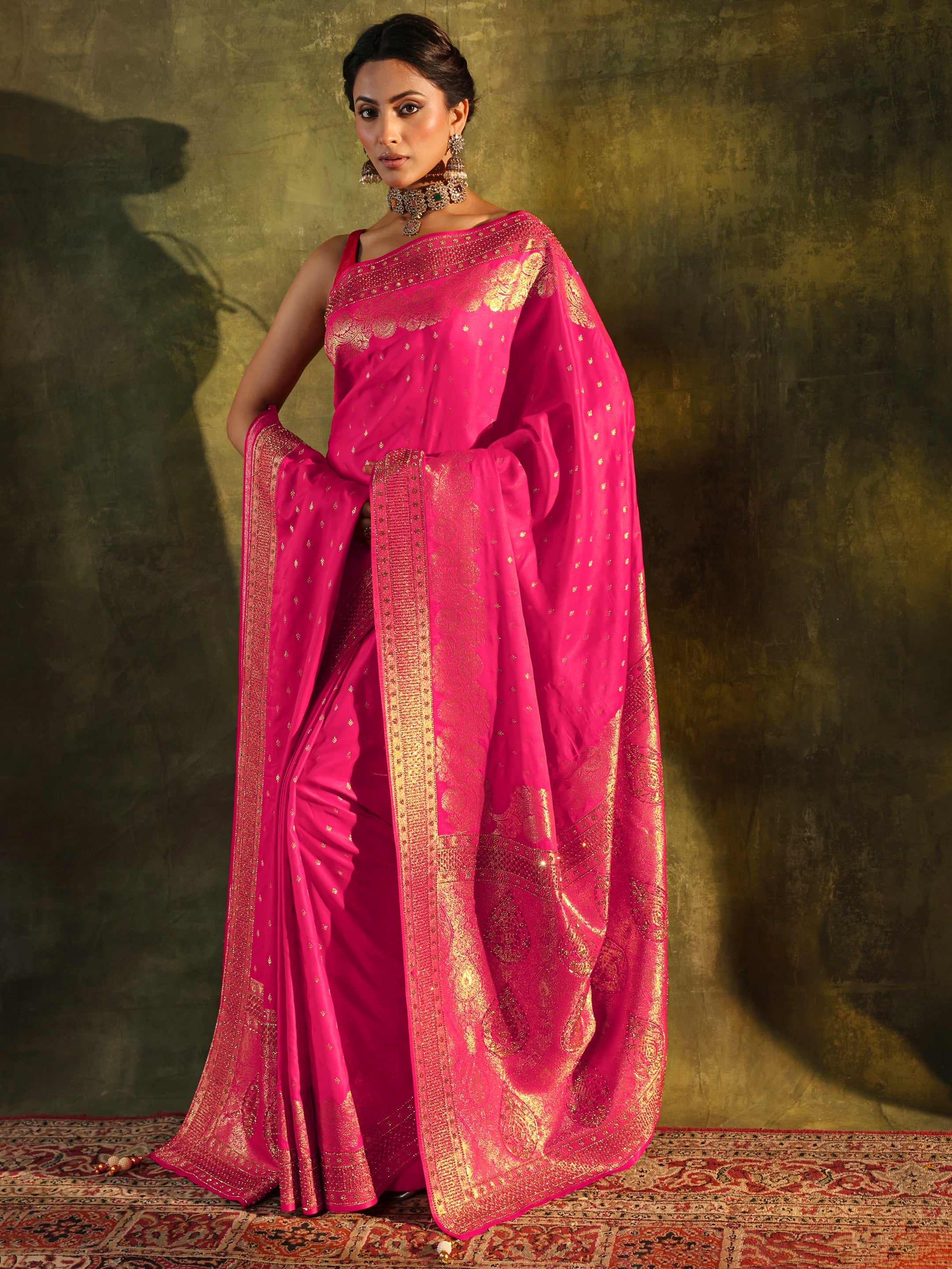 Libas Art Pink Banarasi Satin Saree With Unstitched Blouse And Dupatta-picture-44