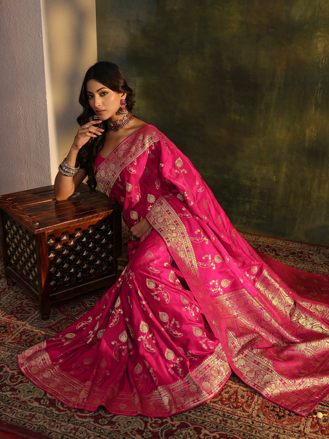  Libas Art Pink Banarasi Satin Saree With Unstitched Blouse Piece 