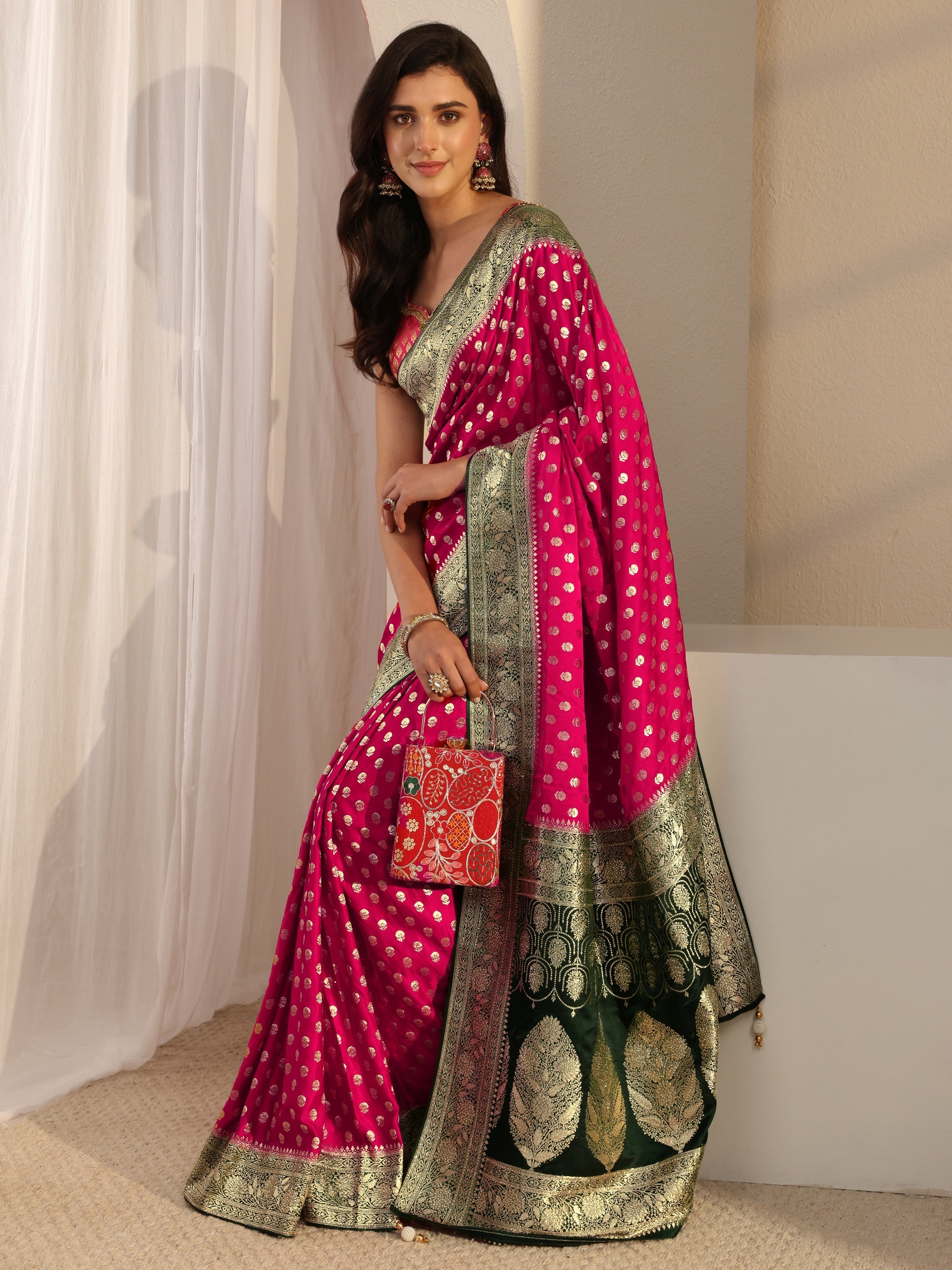 Libas Art Pink Banarasi Satin Saree With Unstitched Blouse Piece-picture-55