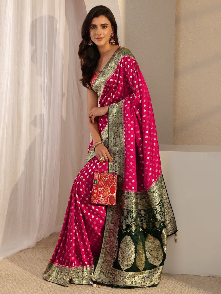 Libas Art Pink Banarasi Satin Saree With Unstitched Blouse Piece