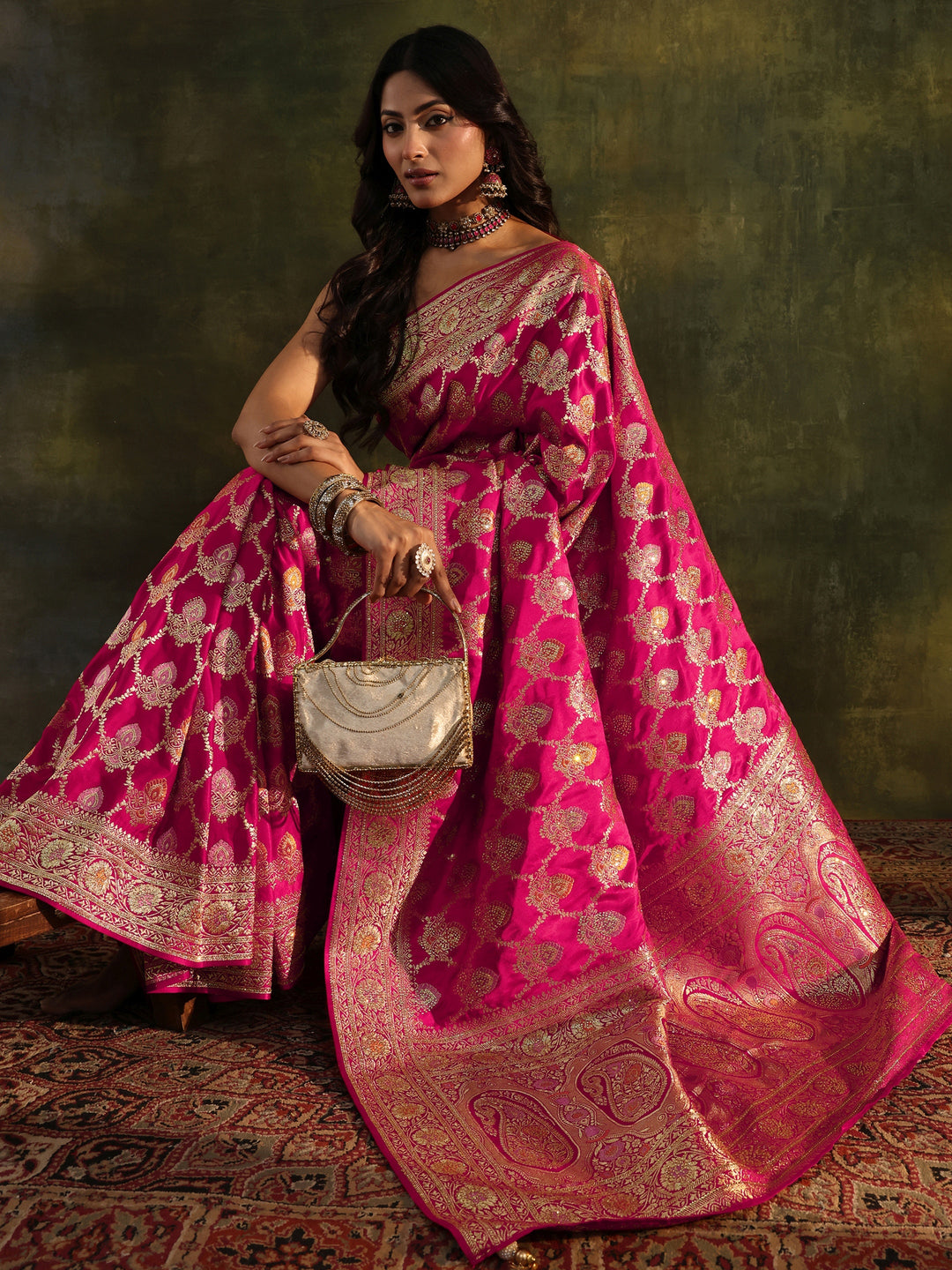 Libas Art Pink Banarasi Silk Blend Saree With Unstitched Blouse Piece