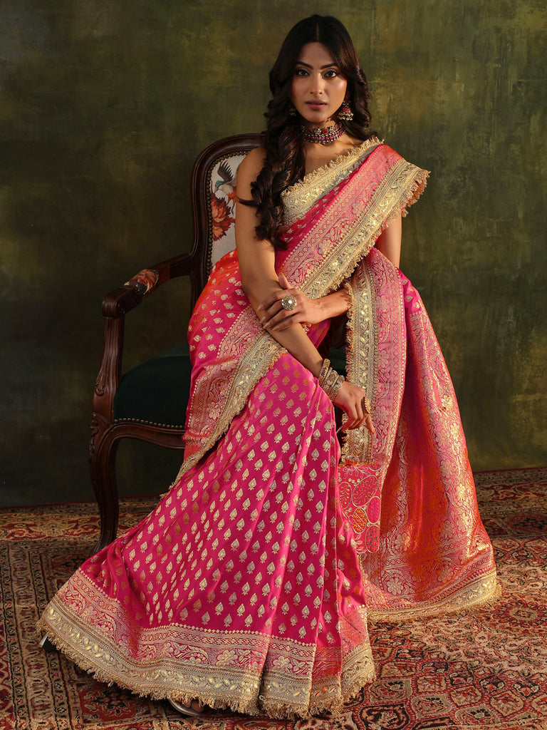 Libas Art Pink Banarasi Silk Blend Saree With Unstitched Blouse Piece