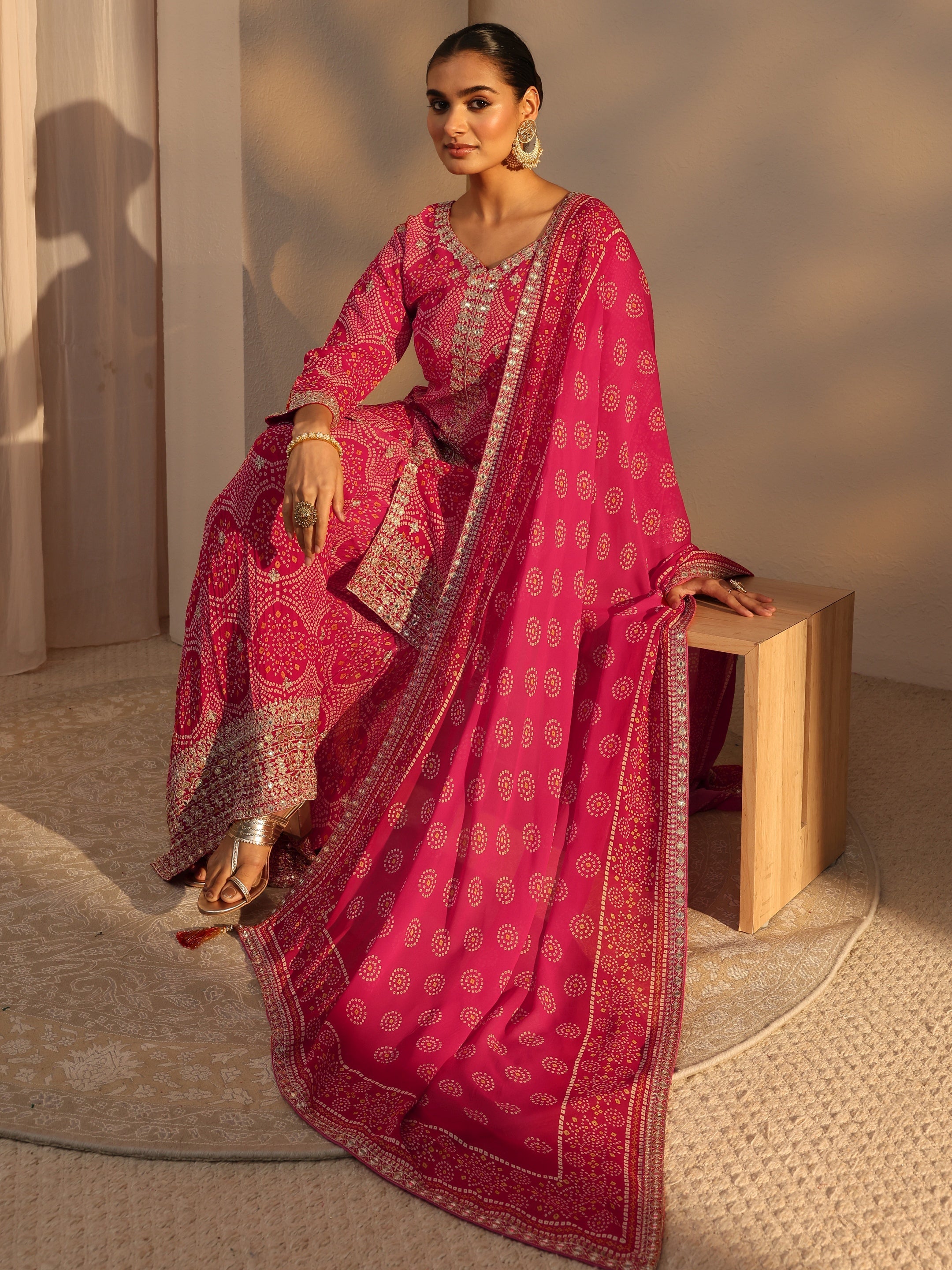Libas Art Pink Bandhani Printed Chinon Straight Suits Set With Dupatta-image-42