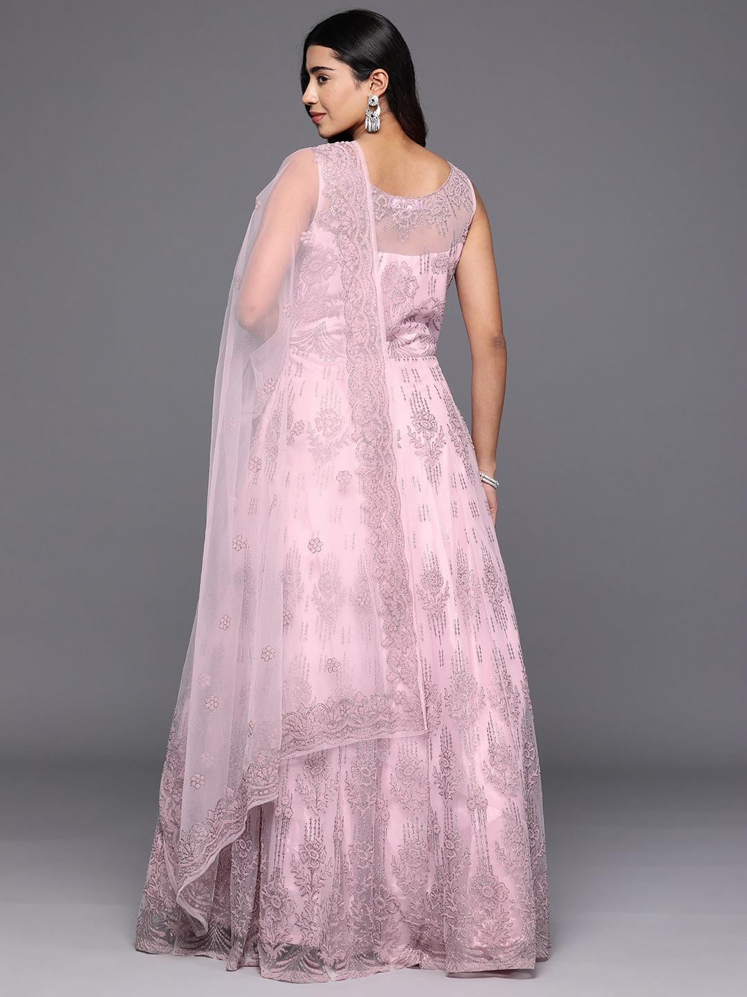 Libas Art Pink Embellished Net Gown Dress With Dupatta - Libas