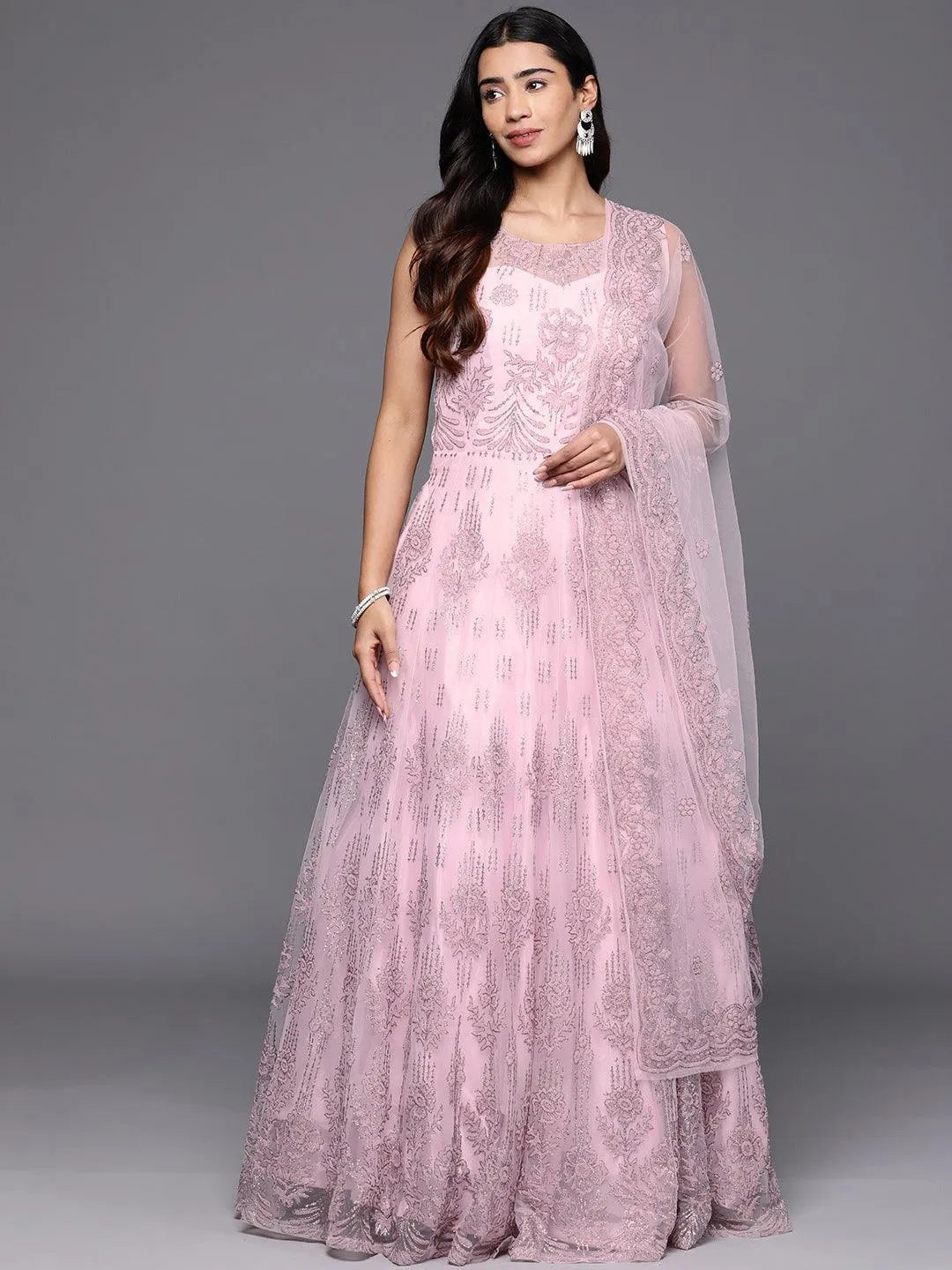 Libas Art Pink Embellished Net Gown Dress With Dupatta - Libas 