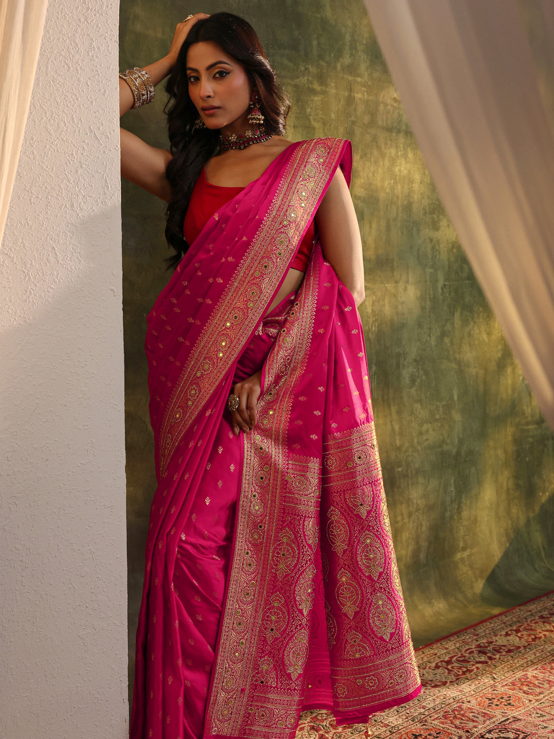  Libas Art Pink Embellished Satin Saree With Unstitched Blouse Piece 